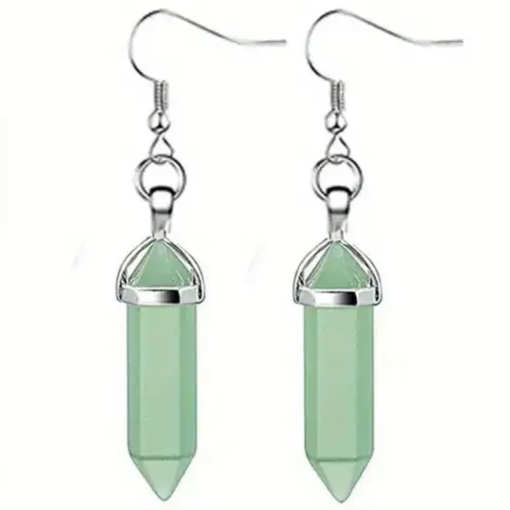 Green Aventurine Natural Stone Gemstone Handmade Hexagon Point Dangle Earrings